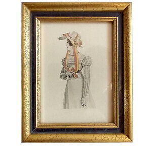 Vintage Framed Hand colored Print Victorian Lady with Bonnet 4.75x6"